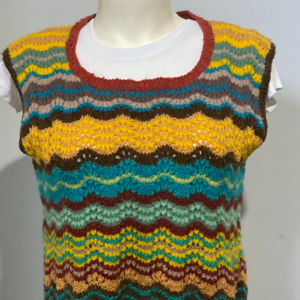 Vintage 70s Handcrafted Striped Knit Campus Vest | Blue Yellow Sweater M